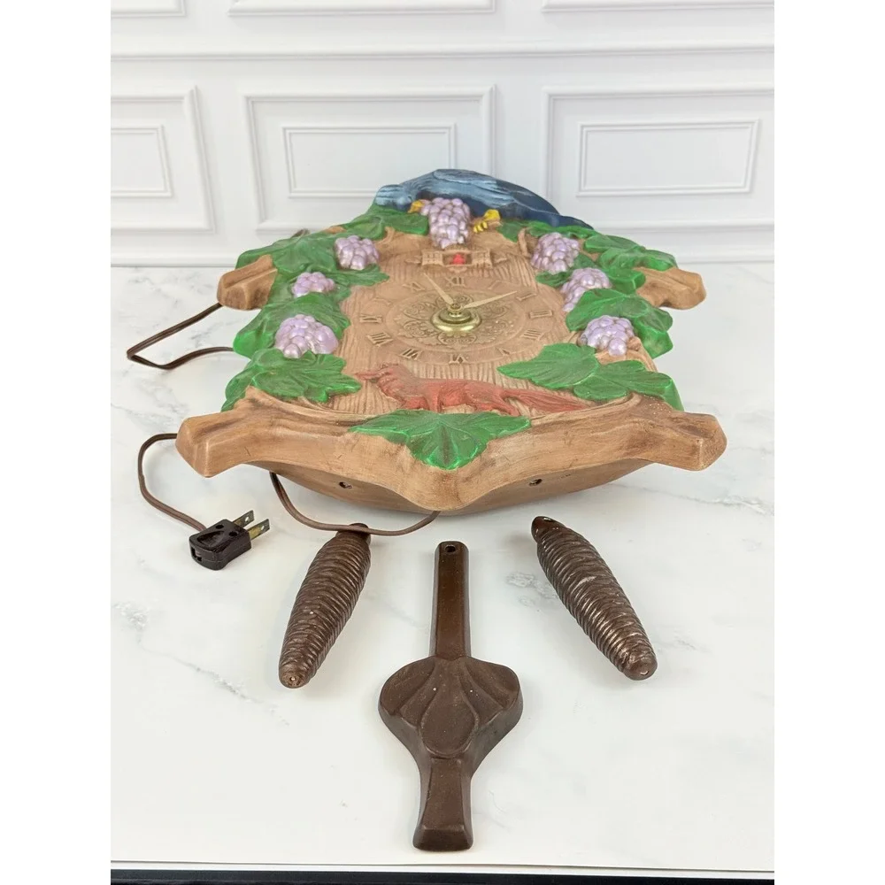 VTG 1970s Holland Mold Faux Cuckoo Clock Brass Woodland Fox Cardinal Bluejay